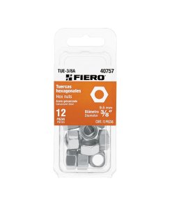 Blíster con 12 Tuercas 3/8' Hex de Acero Galvanizado, alta resistencia para proyectos de ensamblaje, clave 40757 - Fiero