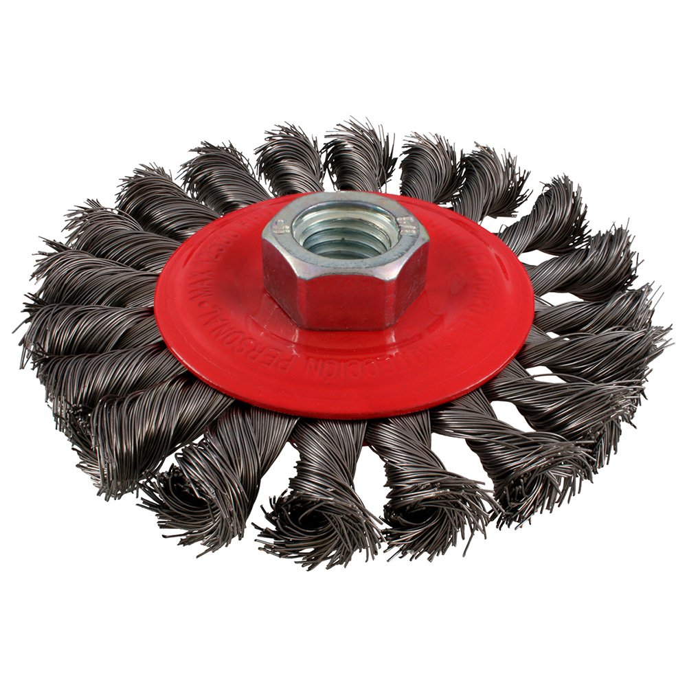 Carda circular trenzada alambre fino de acero inoxidable 6" x 0.40 mm con rosca 5/8" Urrea C946
