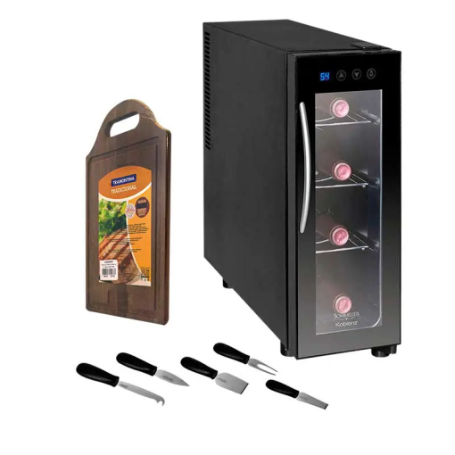 CAVA P/VINO 4 BOT+TABLA+JGO P/QUESO 5 PZAS