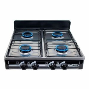 Parrilla de Gas de 4 Quemadores Superflama – Diseño Robusto y Elegante con Cubierta de Acero en Color Negro, Potencia y Durabilidad para tu Cocina
