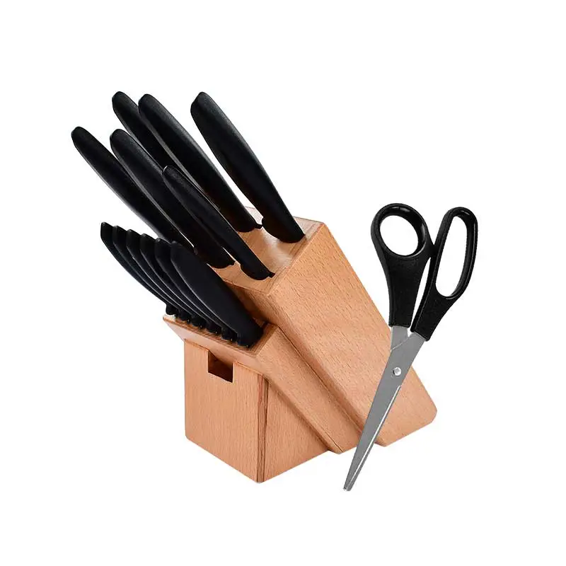 JGO DE CUCHILLOS 12 PZS+TACO D/MADERA+TIJERA NEGRA
