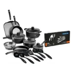 BATERIA P/ COCINA 18 PZAS. COLOR NEGRO Y CUBIERTOS