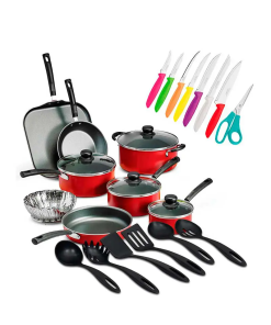 BATERIA PARA COCINA 18 PZAS. ROJO C/JGO CUCHILLOS