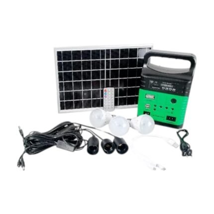 Sistema de Iluminación Solar con 3 Focos   LED de 10W, Radio FM, MP3, Bluetooth y Puertos USB para Uso en Interiores y   Exteriores - Estructura Negra