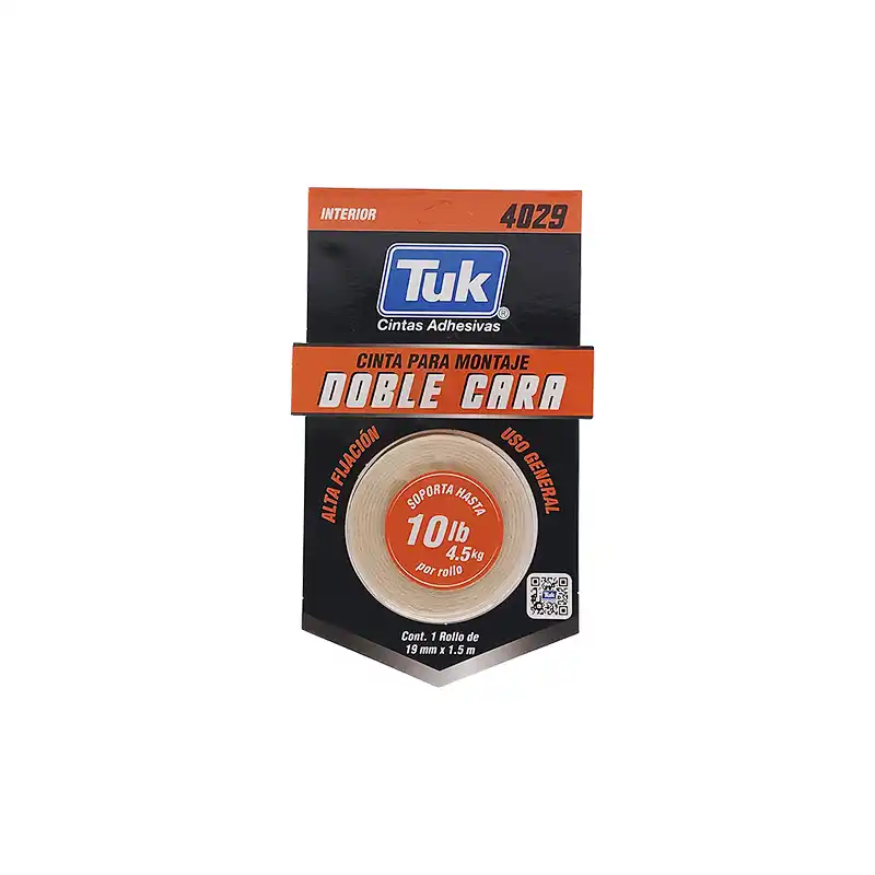 CINTA DOBLE CARA 19MMX1.5M P/INTERIORES TUK