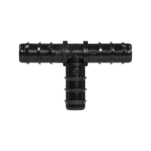 Tee de Inserción Barb Wade Rain de 16mm x 16mm x 16mm, Entrada 16mm, Salidas 16mm, Color Negro, Ideal para Distribuir Agua en Sistemas de Riego
