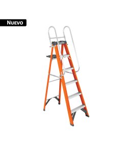 Escalera de tijera con barandal, 5 peldaños, fibra de vidrio